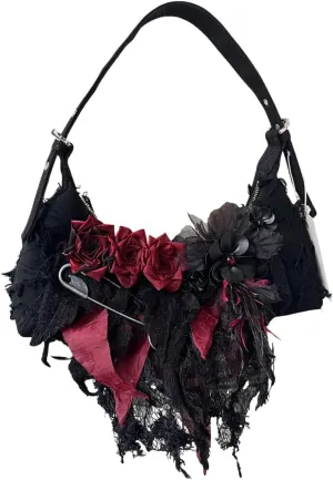 Vintage Lace Rose Hobo Bags, Handmade Shoulder Tote HandBag for Women, Duke Red Roses Lace Tote Bags