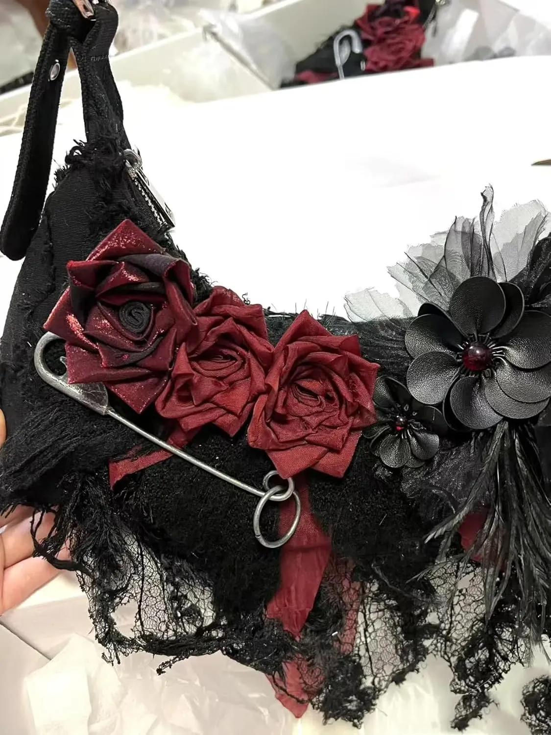 Vintage Lace Rose Hobo Bags, Handmade Shoulder Tote HandBag for Women, Duke Red Roses Lace Tote Bags
