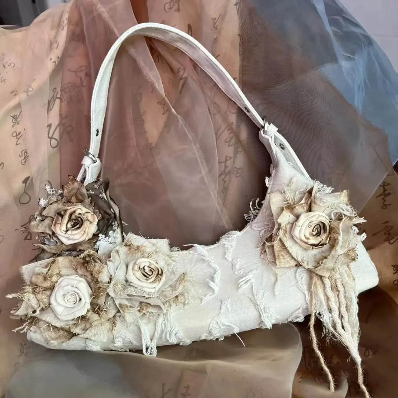 Vintage Lace Rose Hobo Bags, Handmade Shoulder Tote HandBag for Women, Duke Red Roses Lace Tote Bags