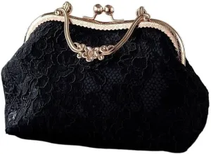Vintage Satin Evening Party Clutch Bag Lace Purses and Handbags Metal Handle Luxury Designer Handbag Womens Hand Bag (Color : Black)