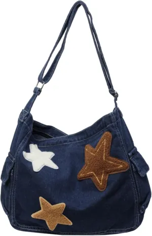 Vintage Star Denim Messenger Bag, Aesthetic Y2K Jean Tote Bag for Women Men, Casual Retro Hobo Bag for Travel Vacation Work