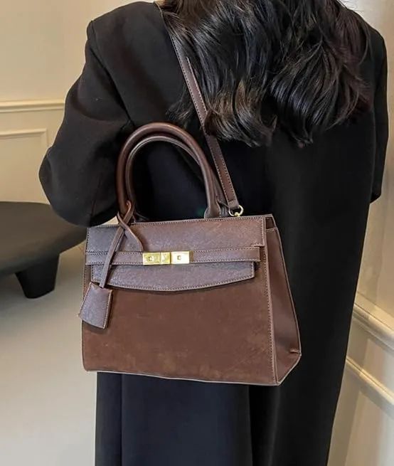 Vintage Suede Shoulder Bag Tote Bag Crossbody Bag Satchel Purse Chic Handbag Top-Handle Handbags for Women Girls