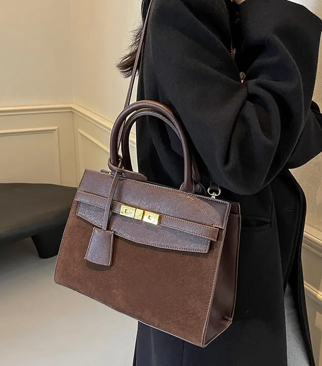 Vintage Suede Shoulder Bag Tote Bag Crossbody Bag Satchel Purse Chic Handbag Top-Handle Handbags for Women Girls