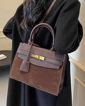 Vintage Suede Shoulder Bag Tote Bag Crossbody Bag Satchel Purse Chic Handbag Top-Handle Handbags for Women Girls