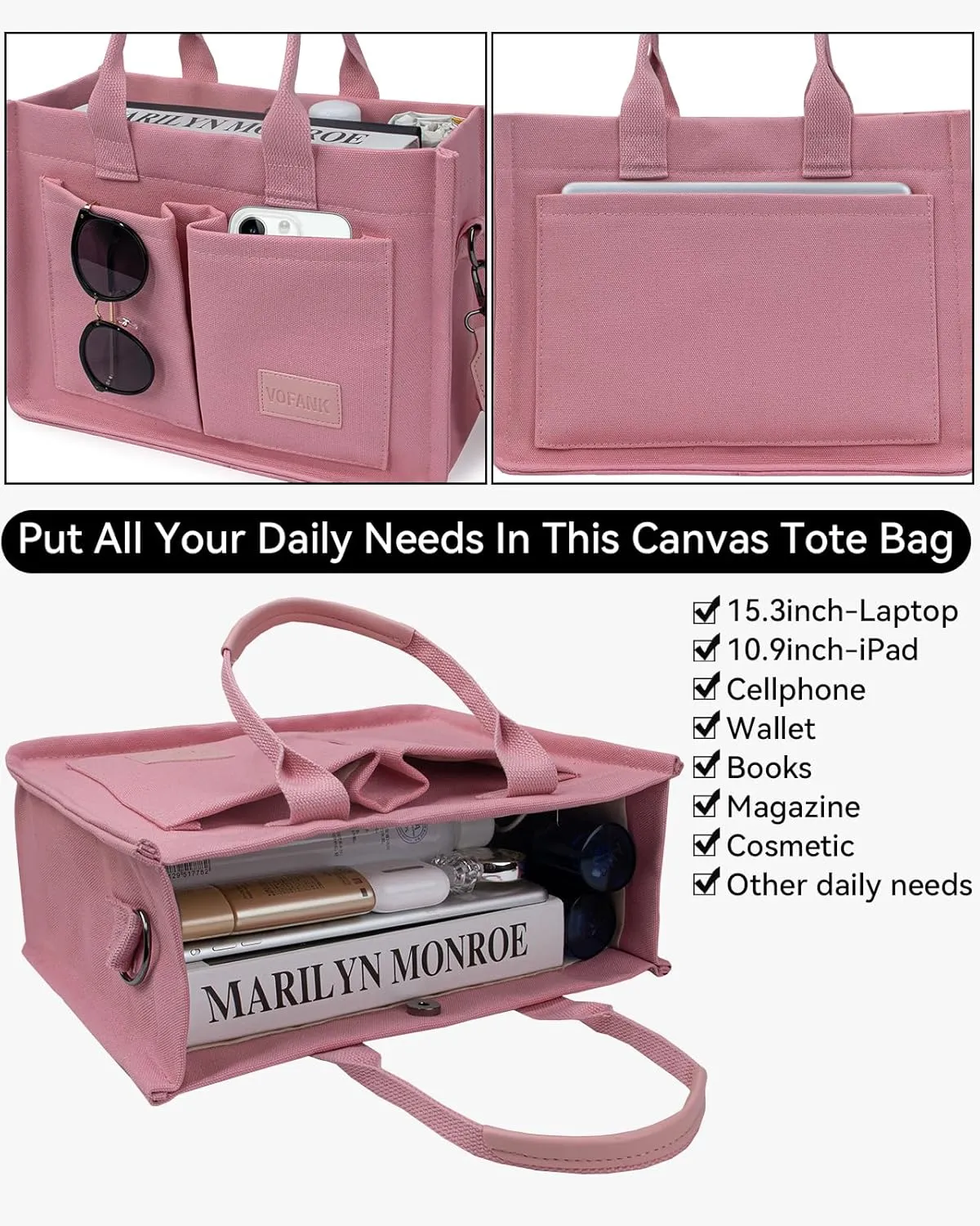 VOFANK Canvas Tote Bag for Women with Pockets Large Crossbody Bag Satchel Bag Handbag Everything Everyday Bag for Work Daily