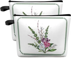 Watercolor Clematis Yellow Pattern Cosmetic Bags for Women, Spring Floral Green Leaves Lace Small Makeup Bag for Purse, Waterproof Travel Toiletry Bag Accessories Organizer, 2PCS