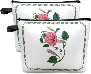 Watercolor Morning Glory Pattern Cosmetic Bags for Women, Spring Floral Green Leaves Lace Small Makeup Bag for Purse, Waterproof Travel Toiletry Bag Accessories Organizer, 2PCS