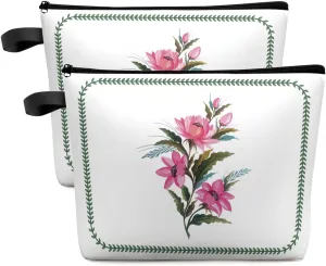 Watercolor Pink Flower Pattern Cosmetic Bags for Women, Spring Floral Green Leaves Lace Small Makeup Bag for Purse, Waterproof Travel Toiletry Bag Accessories Organizer, 2PCS
