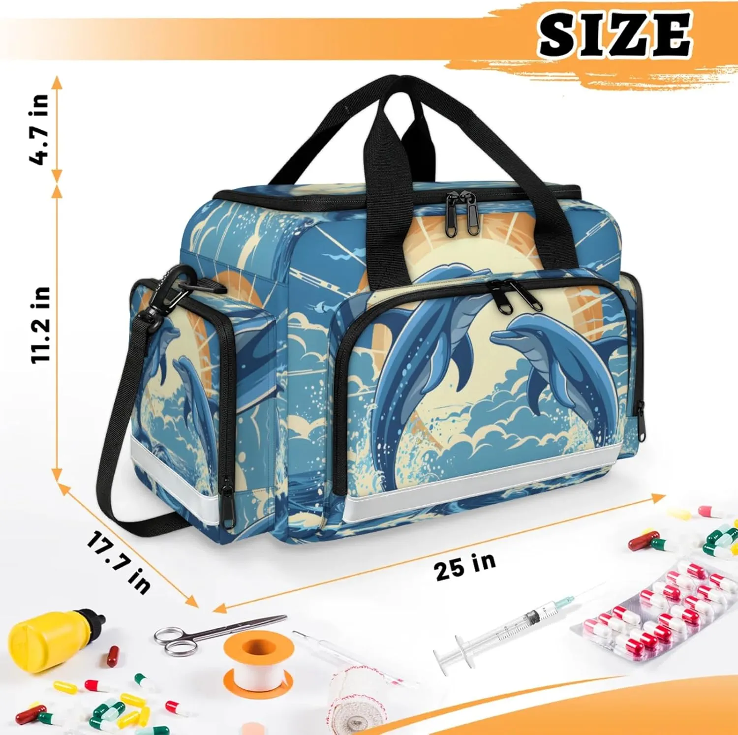 Waterproof Tactical Duffle Bag 25" Carry On Bag for EMT Tear-Resistant Gym Bag with Multi-Pocket & OSHA Reflective Travel Bags for Men Women Sun Dolphins Ocean
