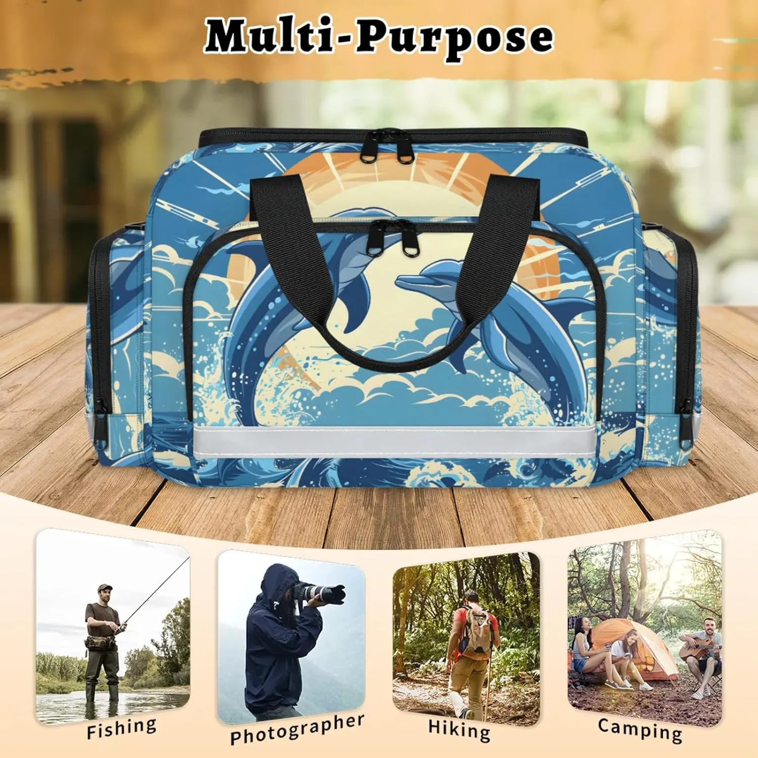 Waterproof Tactical Duffle Bag 25" Carry On Bag for EMT Tear-Resistant Gym Bag with Multi-Pocket & OSHA Reflective Travel Bags for Men Women Sun Dolphins Ocean