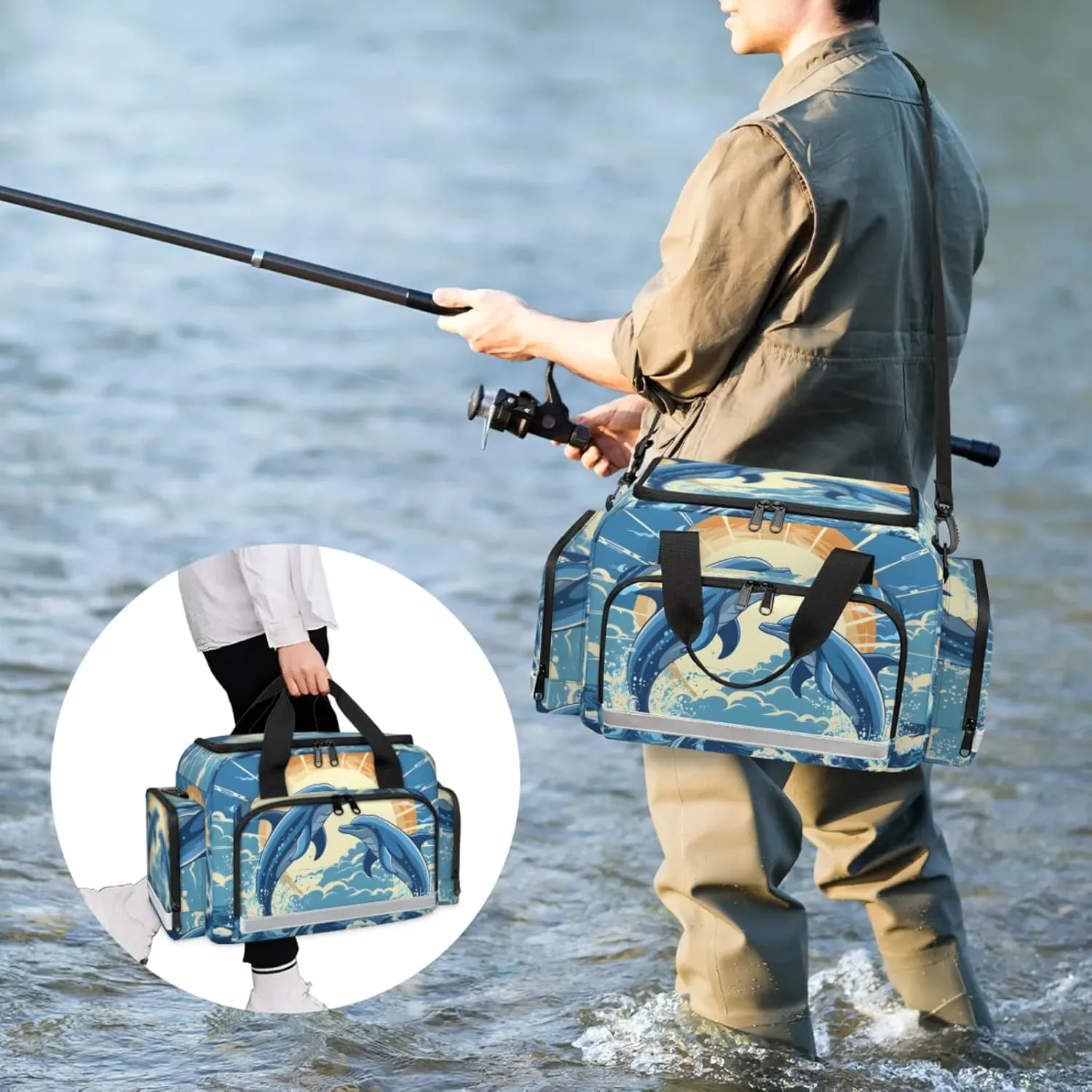 Waterproof Tactical Duffle Bag 25" Carry On Bag for EMT Tear-Resistant Gym Bag with Multi-Pocket & OSHA Reflective Travel Bags for Men Women Sun Dolphins Ocean
