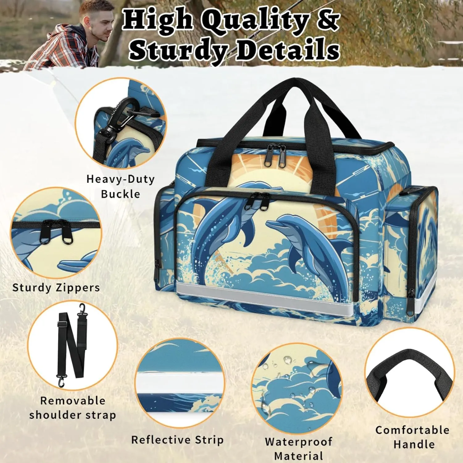Waterproof Tactical Duffle Bag 25" Carry On Bag for EMT Tear-Resistant Gym Bag with Multi-Pocket & OSHA Reflective Travel Bags for Men Women Sun Dolphins Ocean