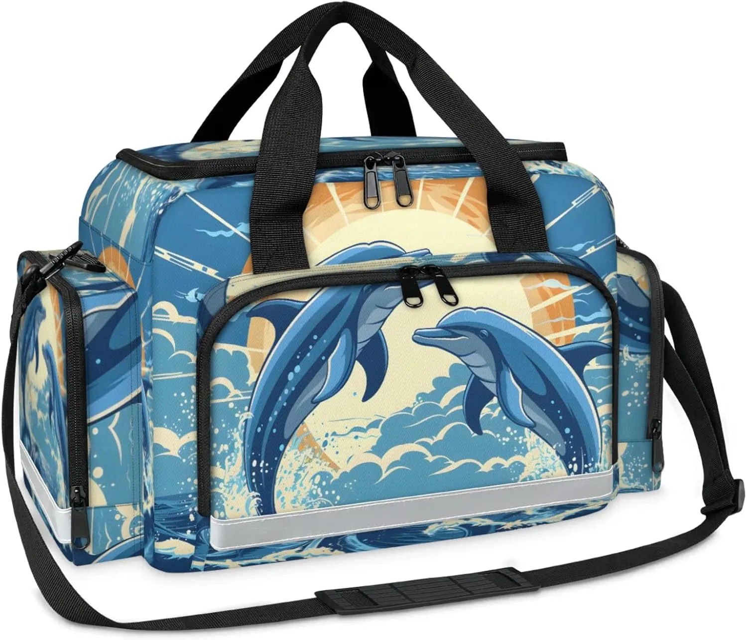 Waterproof Tactical Duffle Bag 25" Carry On Bag for EMT Tear-Resistant Gym Bag with Multi-Pocket & OSHA Reflective Travel Bags for Men Women Sun Dolphins Ocean