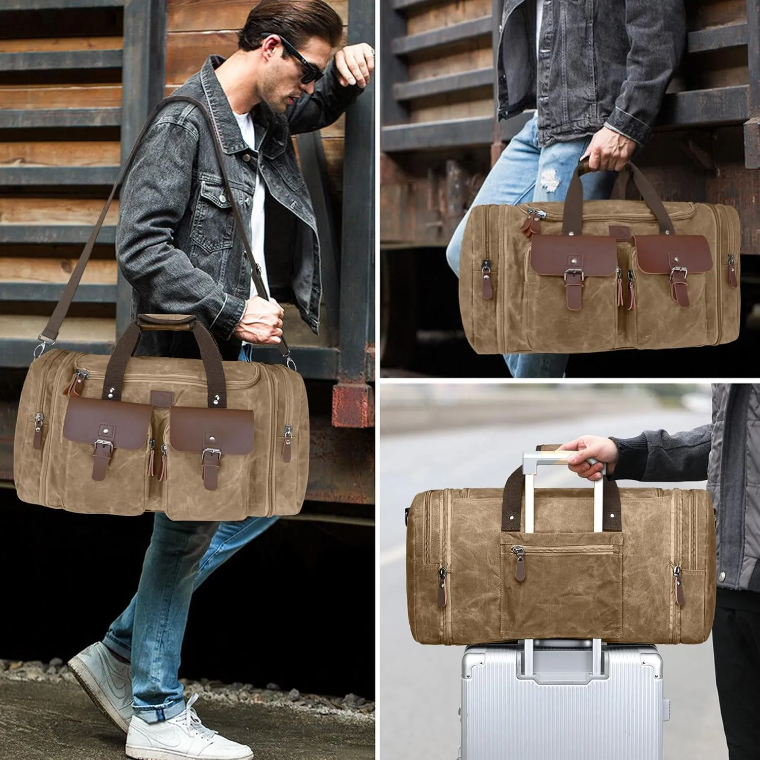 Waxed Canvas Duffle Bag for Men 50L Travel Duffel Bags Expandable Genuine Leather Duffel Overnight Weekender Carry On Bag Two Zipper Pockets Travel Bag (Vintage Brown, Large-50L)