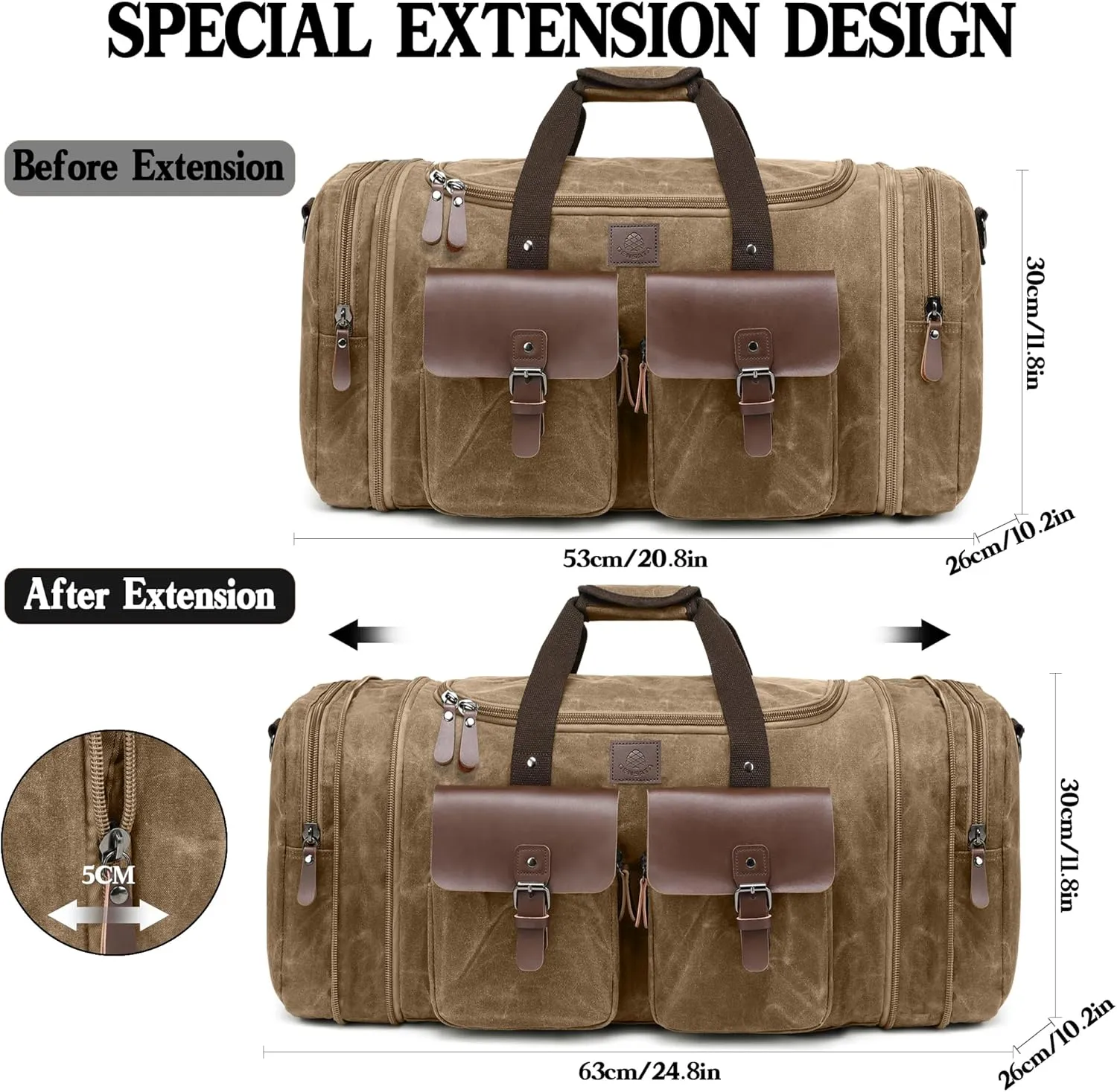 Waxed Canvas Duffle Bag for Men 50L Travel Duffel Bags Expandable Genuine Leather Duffel Overnight Weekender Carry On Bag Two Zipper Pockets Travel Bag (Vintage Brown, Large-50L)