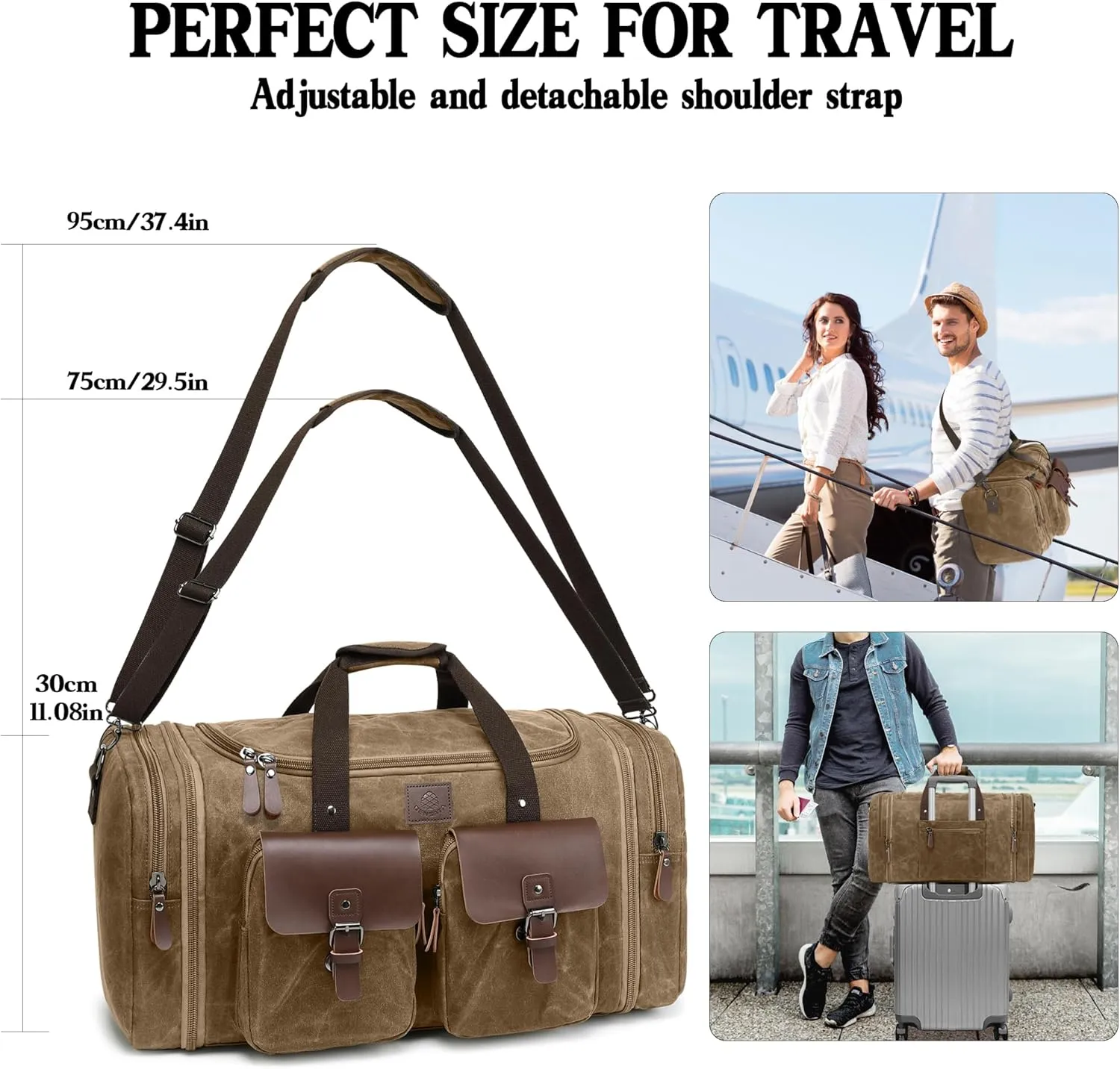 Waxed Canvas Duffle Bag for Men 50L Travel Duffel Bags Expandable Genuine Leather Duffel Overnight Weekender Carry On Bag Two Zipper Pockets Travel Bag (Vintage Brown, Large-50L)