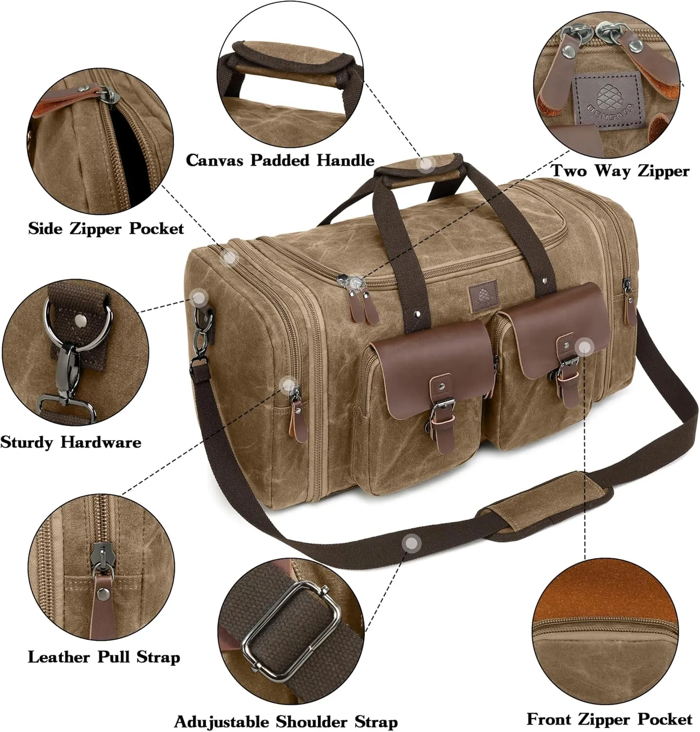 Waxed Canvas Duffle Bag for Men 50L Travel Duffel Bags Expandable Genuine Leather Duffel Overnight Weekender Carry On Bag Two Zipper Pockets Travel Bag (Vintage Brown, Large-50L)