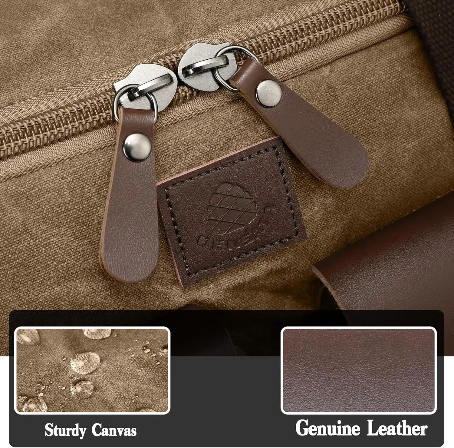 Waxed Canvas Duffle Bag for Men 50L Travel Duffel Bags Expandable Genuine Leather Duffel Overnight Weekender Carry On Bag Two Zipper Pockets Travel Bag (Vintage Brown, Large-50L)