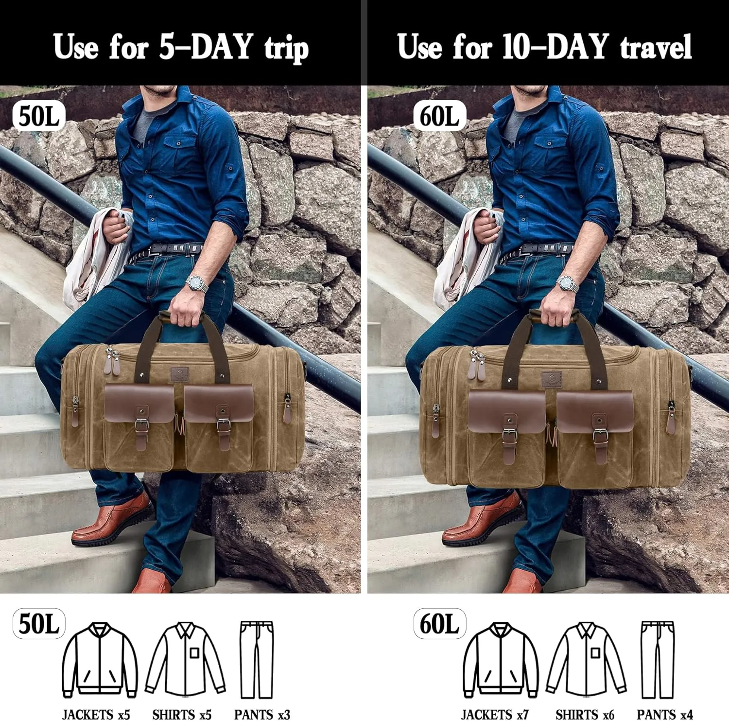 Waxed Canvas Duffle Bag for Men 50L Travel Duffel Bags Expandable Genuine Leather Duffel Overnight Weekender Carry On Bag Two Zipper Pockets Travel Bag (Vintage Brown, Large-50L)