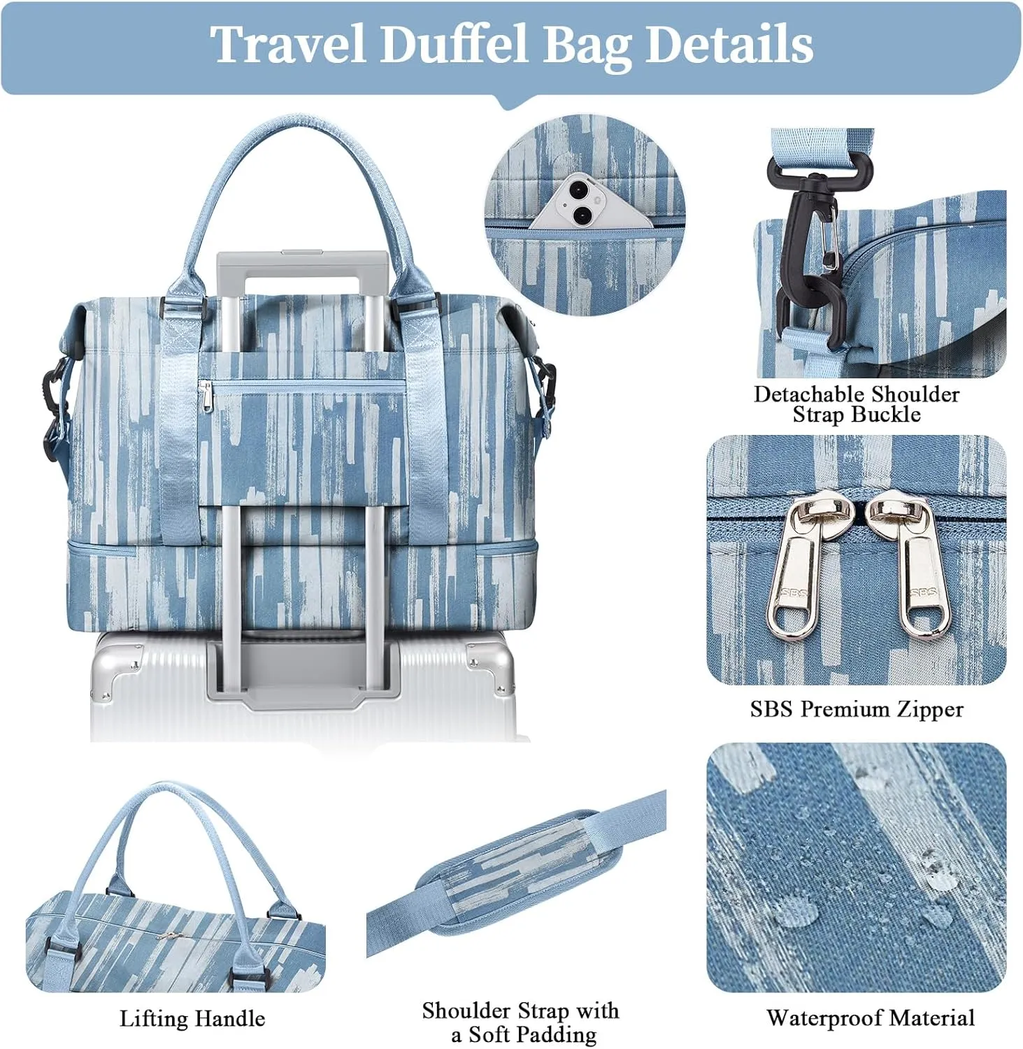 Weekender Bags for Women,Personal Item Travel Bag with Shoes Compartment,Overnight Travel Duffel Bag with Toiletry Bag,Denim Print