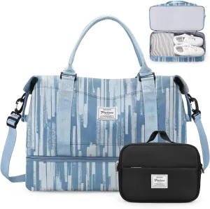 Weekender Bags for Women,Personal Item Travel Bag with Shoes Compartment,Overnight Travel Duffel Bag with Toiletry Bag,Denim Print