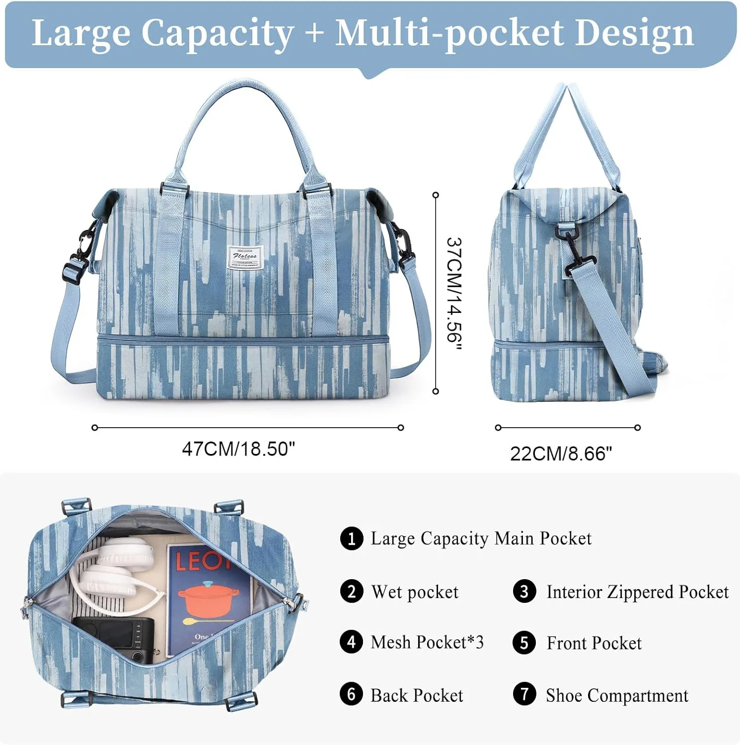 Weekender Bags for Women,Personal Item Travel Bag with Shoes Compartment,Overnight Travel Duffel Bag with Toiletry Bag,Denim Print