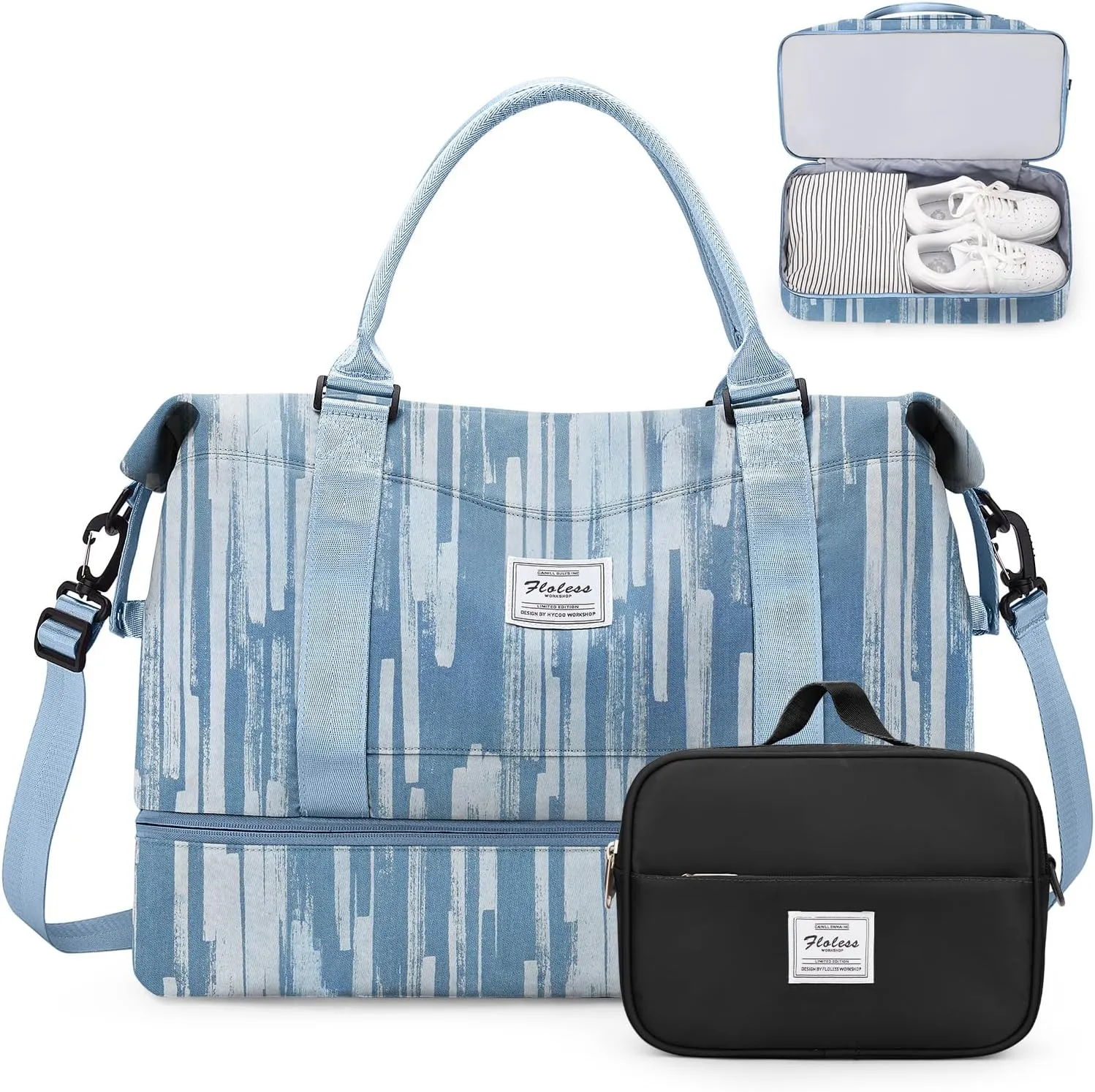 Weekender Bags for Women,Personal Item Travel Bag with Shoes Compartment,Overnight Travel Duffel Bag with Toiletry Bag,Denim Print
