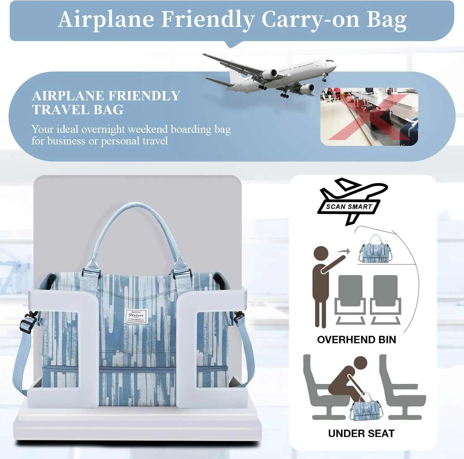 Weekender Bags for Women,Personal Item Travel Bag with Shoes Compartment,Overnight Travel Duffel Bag with Toiletry Bag,Denim Print