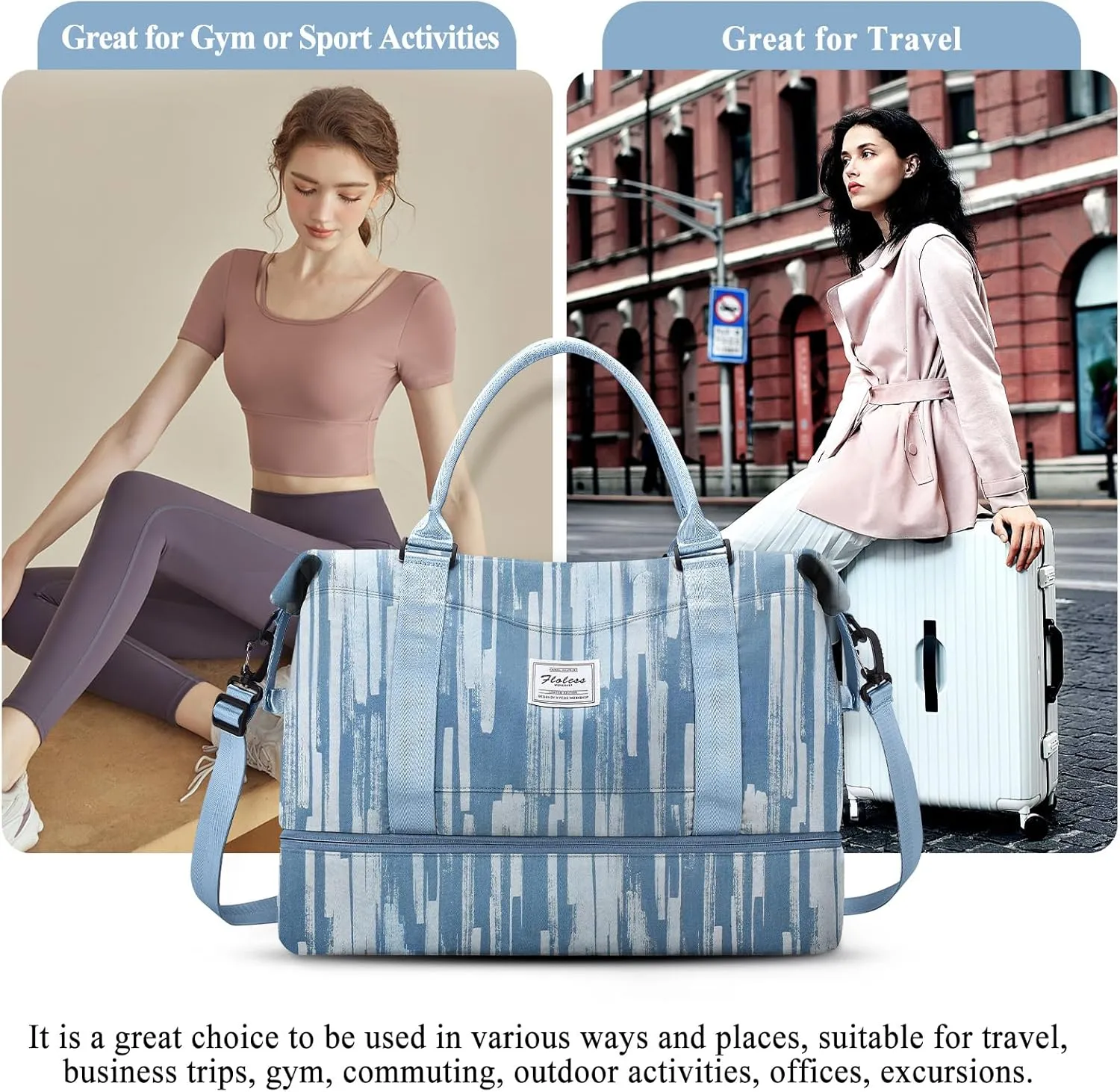 Weekender Bags for Women,Personal Item Travel Bag with Shoes Compartment,Overnight Travel Duffel Bag with Toiletry Bag,Denim Print