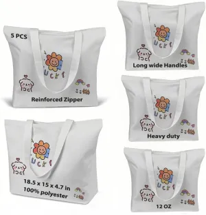 WeStar Sublimation Tote Bags Blanks,12 oz Heavy-Duty Polyester Canvas Tote Bag with Reinforced Zipper & Long Handles, Large Reusable Grocery Bag Ideal for DIY/Travel/Gym/Business Branding(5 Pcs)