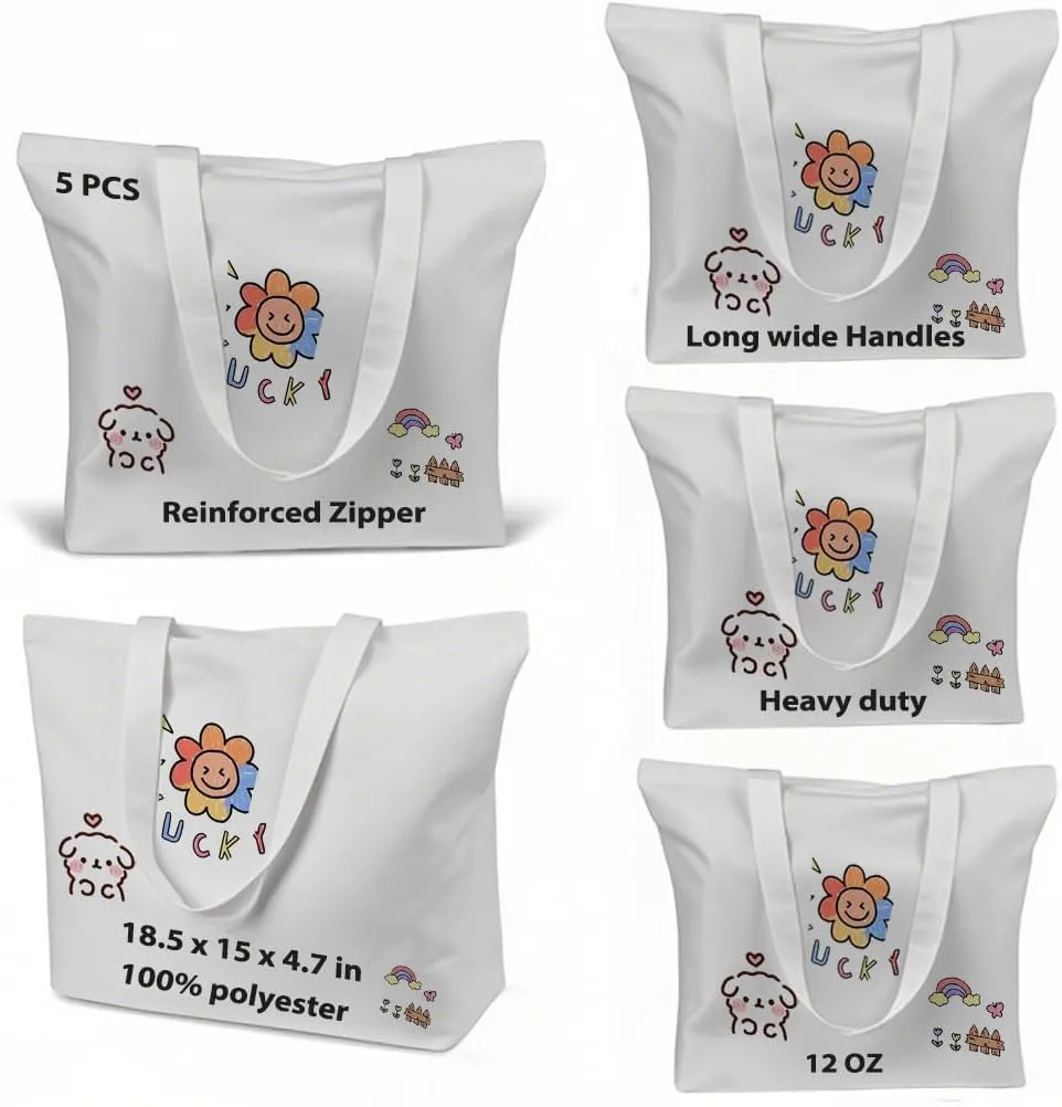 WeStar Sublimation Tote Bags Blanks,12 oz Heavy-Duty Polyester Canvas Tote Bag with Reinforced Zipper & Long Handles, Large Reusable Grocery Bag Ideal for DIY/Travel/Gym/Business Branding(5 Pcs)
