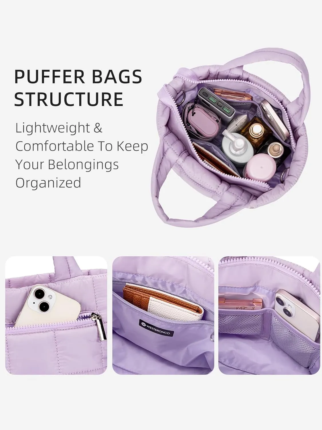 WESTBRONCO Small Puffer Bag Quilted Crossbody Bags for Women Puffy Purse Nylon Shoulder Handbag with Adjustable Strap