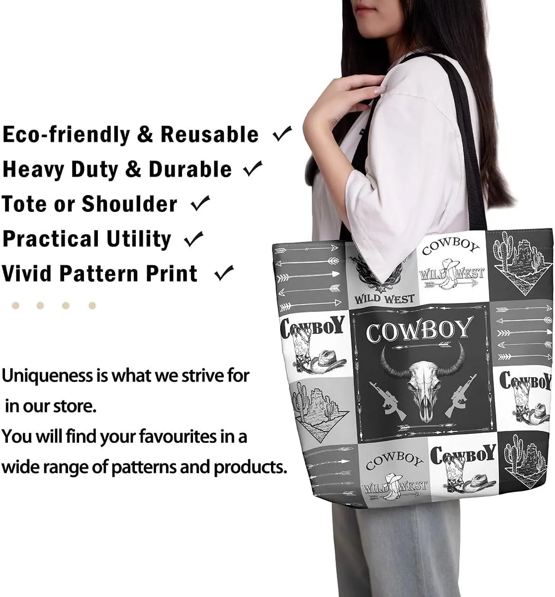 Western Cowgirl Canvas Tote Bag Rustic Deer Bear Tote Bag Farmhouse Animal Shopping Grocery Bags