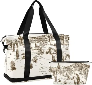 Western Desert Cowboy Travel Duffel Bag, Waterproof Sports Tote Gym Bag with Shoes Compartment, Shoulder Weekender Overnight Bag for Women Men