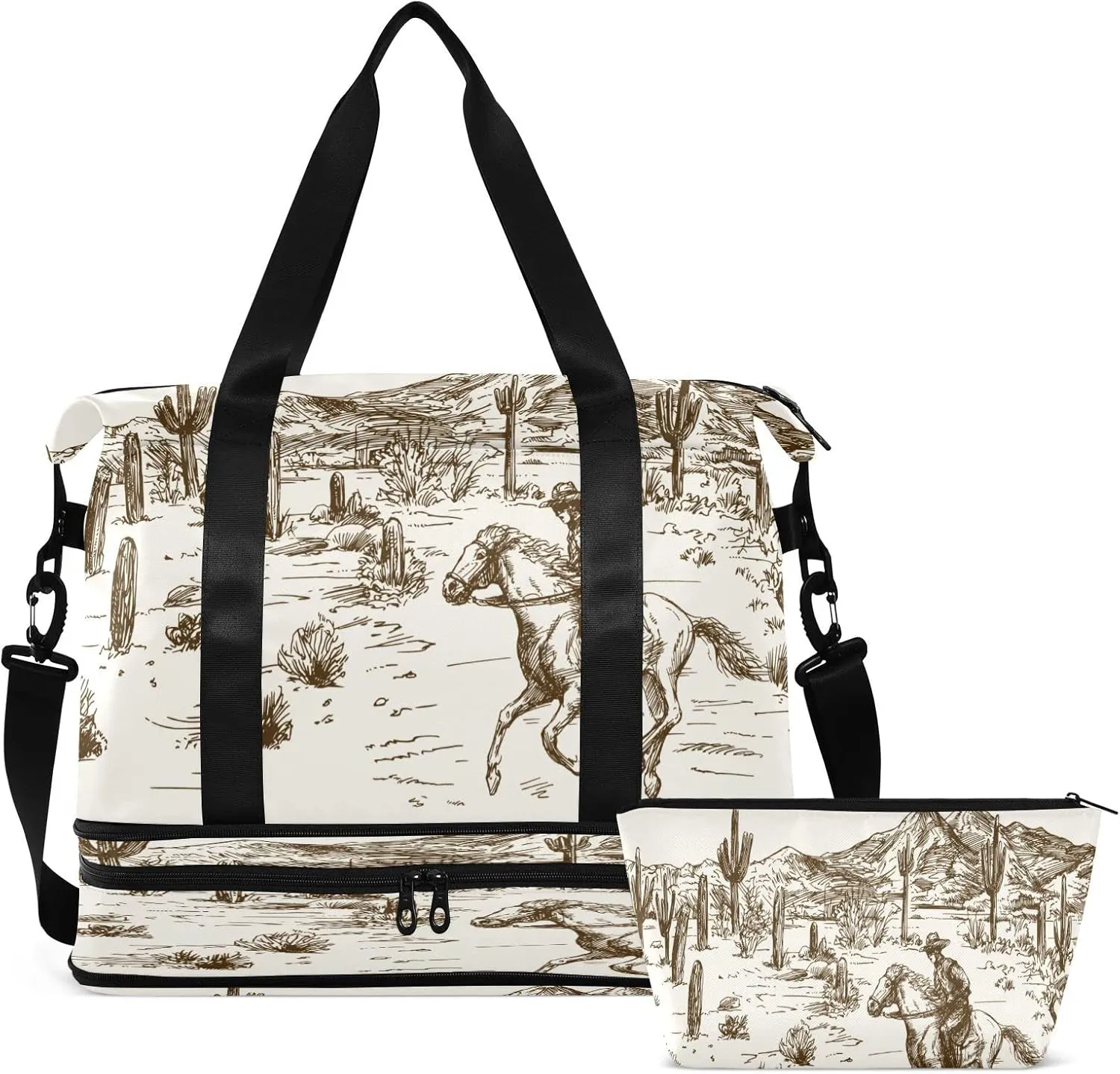 Western Desert Cowboy Travel Duffel Bag, Waterproof Sports Tote Gym Bag with Shoes Compartment, Shoulder Weekender Overnight Bag for Women Men