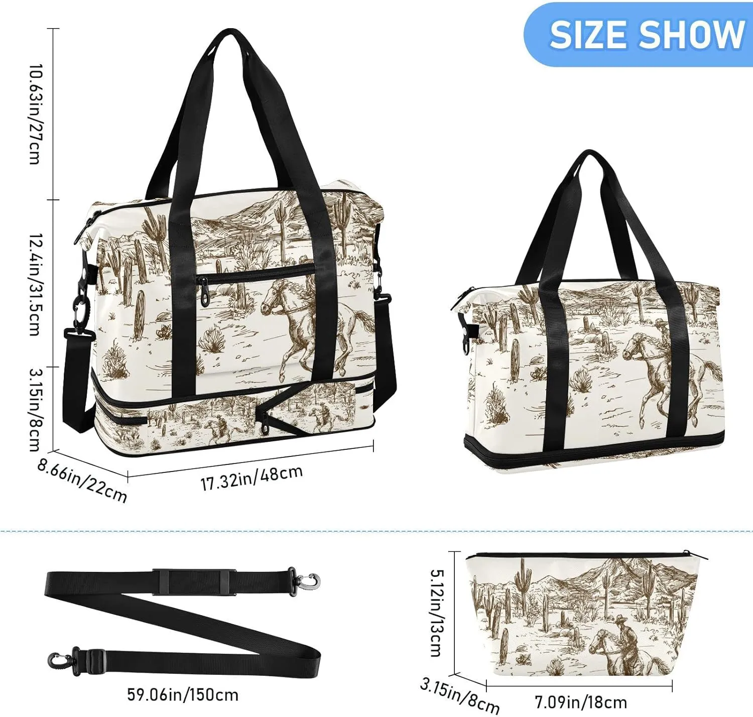 Western Desert Cowboy Travel Duffel Bag, Waterproof Sports Tote Gym Bag with Shoes Compartment, Shoulder Weekender Overnight Bag for Women Men