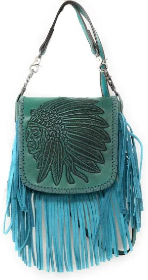 Western Genuine Leather Indian Head Cowgirl Crossbody Messenger Fringe Purse Bag in 4 colors