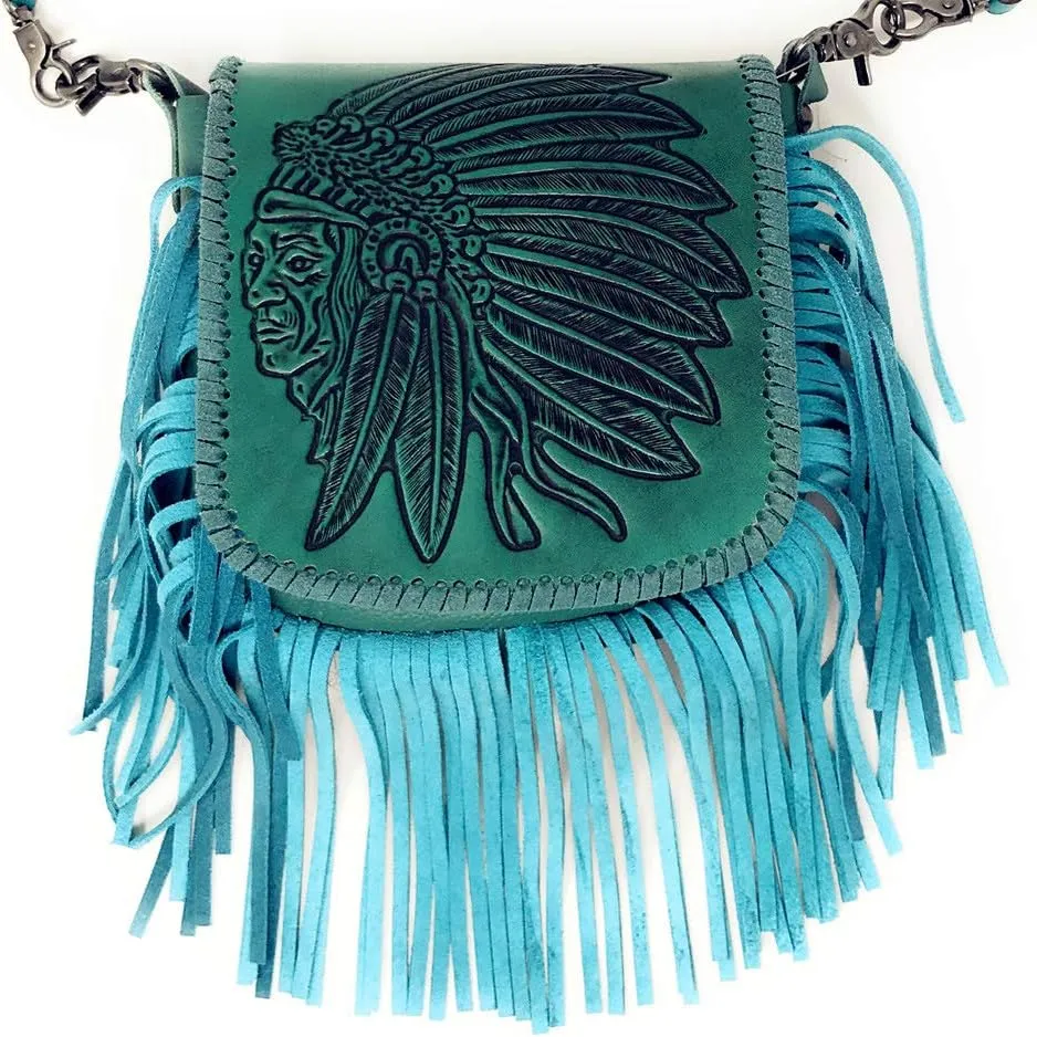 Western Genuine Leather Indian Head Cowgirl Crossbody Messenger Fringe Purse Bag in 4 colors