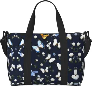 White Blooms With Blue Butterflies Printinggym Bags For Men Women, Foldable Travel Duffle Bag,Lightweight Weekender Duffel Bag