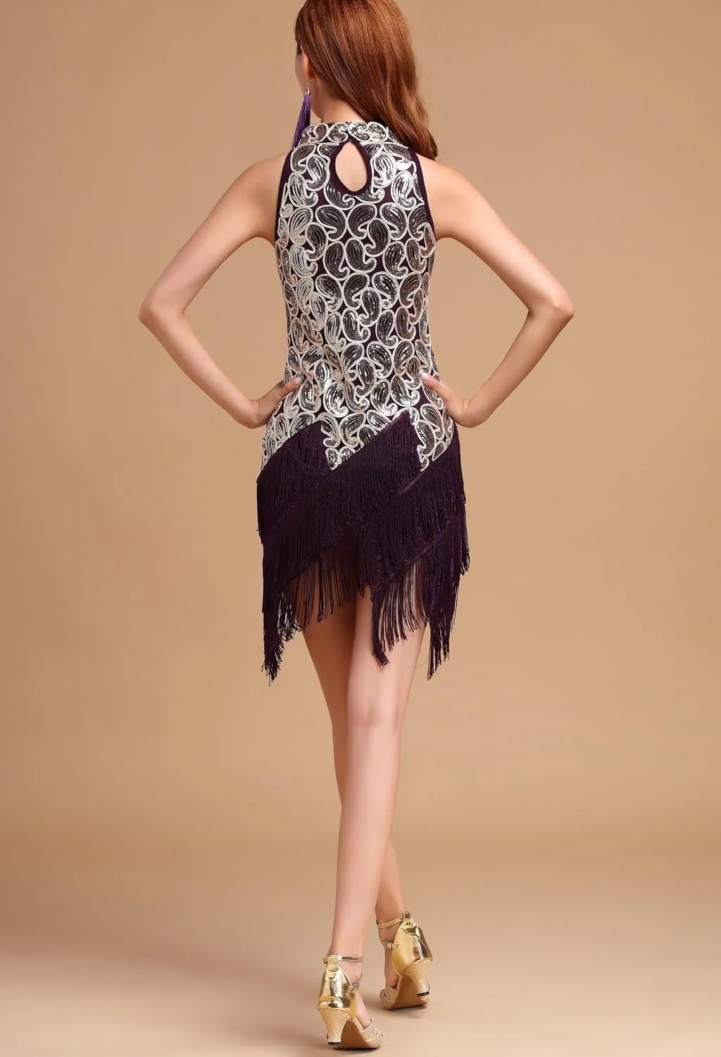 Whitewed Roaring 1920s 20s Sequin Tassel Paisley Flapper Girl Costume Dress