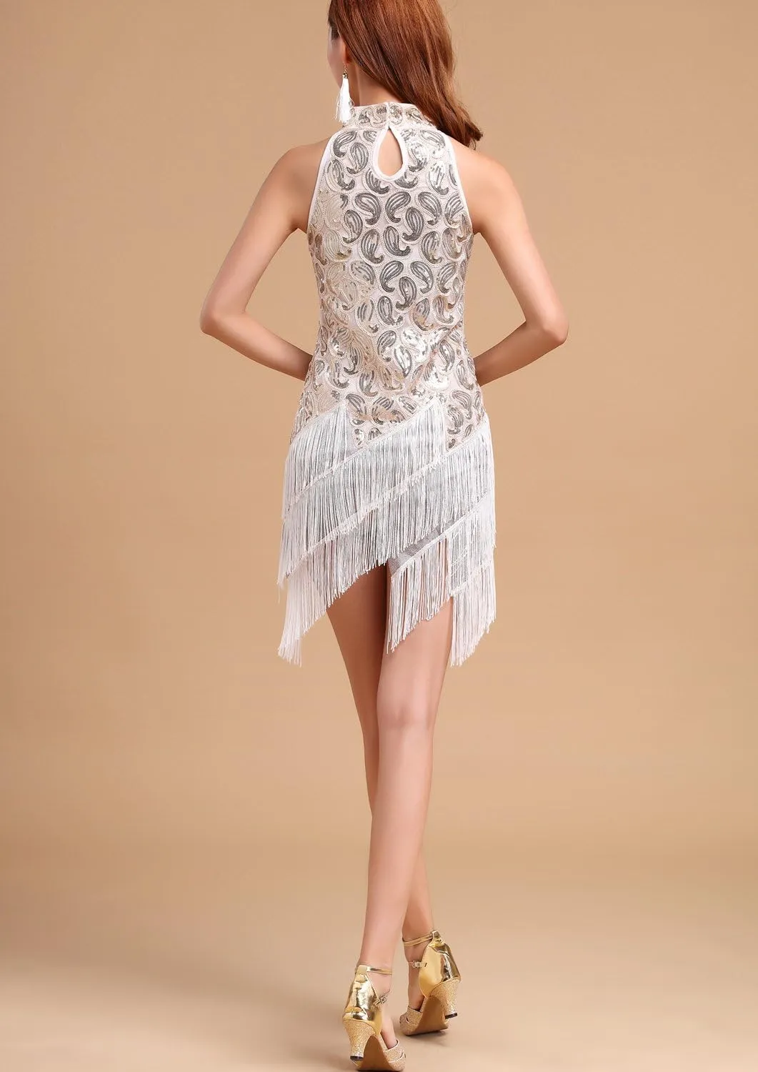 Whitewed Roaring 1920s 20s Sequin Tassel Paisley Flapper Girl Costume Dress