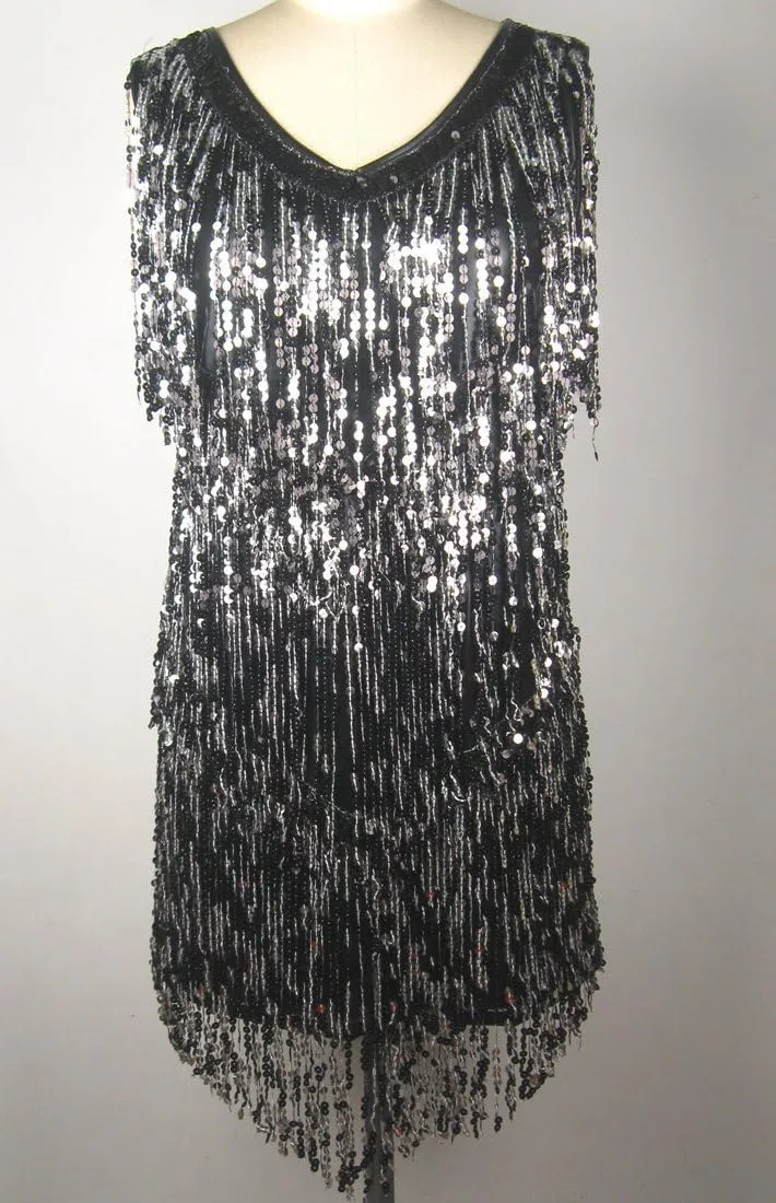 Whitewed V Neck 1920s Sequin Fringe Charleston Flapper Dance Dresses Costumes