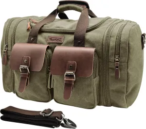 Wildroad 50L Travel Duffel Bag, Expandable Canvas Genuine Leather Duffle Bag Upgraded Overnight Weekender Carry on Bag