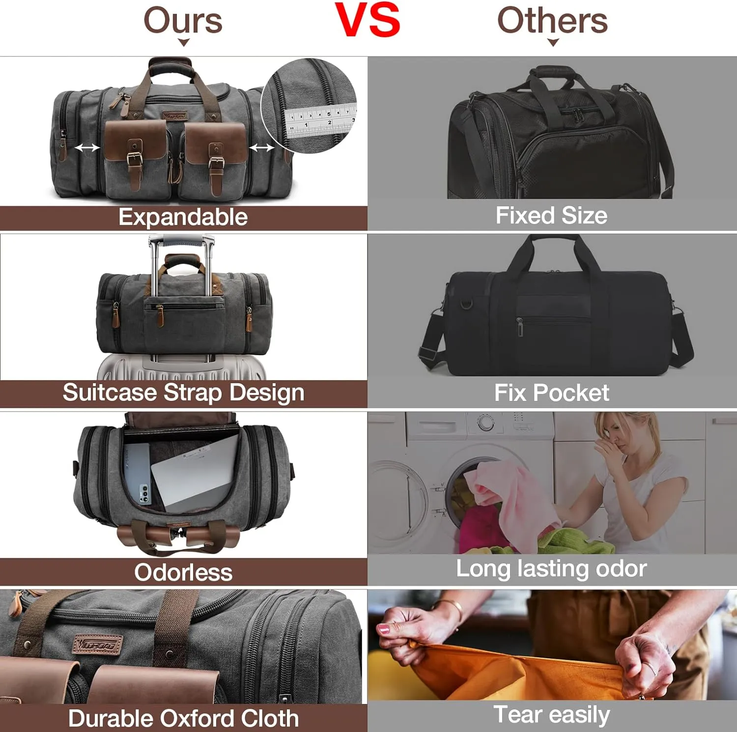 Wildroad 60L Travel Duffel Bag, Expandable Canvas Genuine Leather Duffle Bag Upgraded Overnight Weekender Bag Carry on Bag