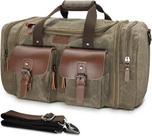 Wildroad Duffle Bag for Travel, 60L Waterproof Waxed Canvas Genuine Leather Weekender Overnight Bag Vintage Travel Hand Bag Carry on Bag