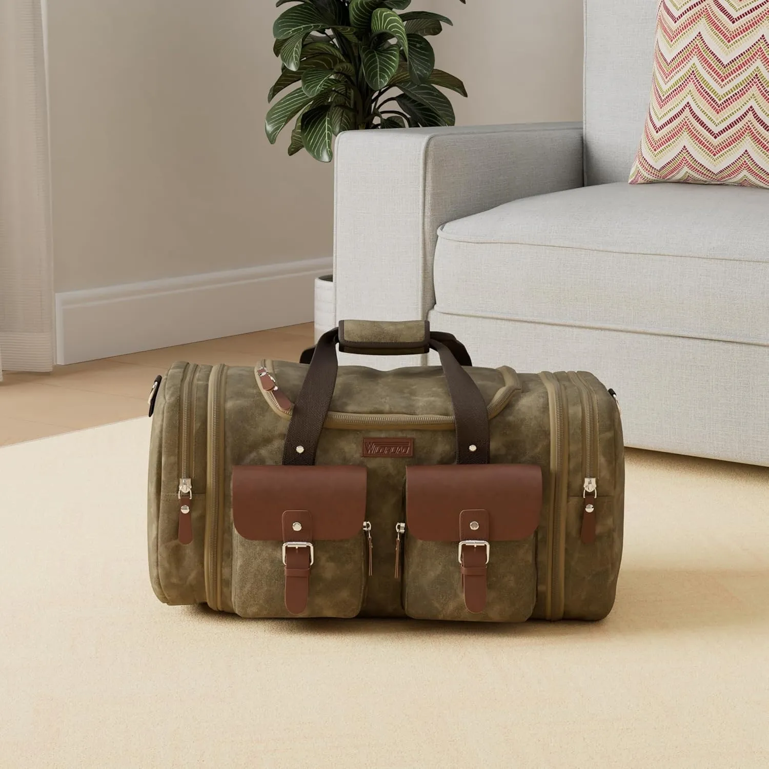 Wildroad Duffle Bag for Travel, 60L Waterproof Waxed Canvas Genuine Leather Weekender Overnight Bag Vintage Travel Hand Bag Carry on Bag