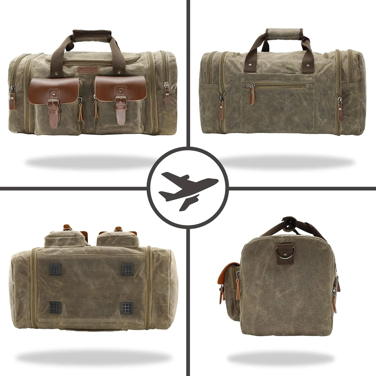 Wildroad Duffle Bag for Travel, 60L Waterproof Waxed Canvas Genuine Leather Weekender Overnight Bag Vintage Travel Hand Bag Carry on Bag