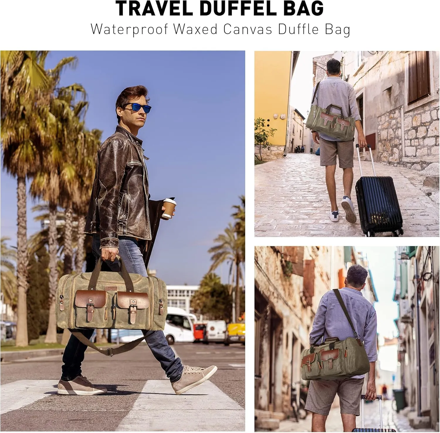 Wildroad Duffle Bag for Travel, 60L Waterproof Waxed Canvas Genuine Leather Weekender Overnight Bag Vintage Travel Hand Bag Carry on Bag