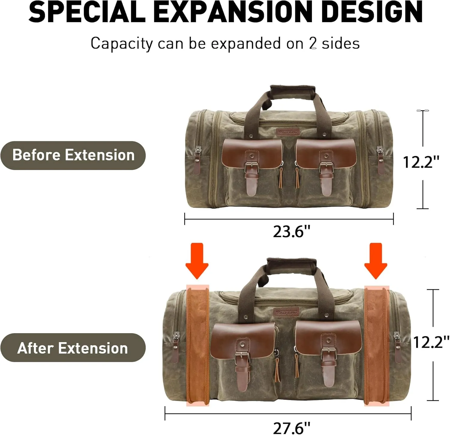 Wildroad Duffle Bag for Travel, 60L Waterproof Waxed Canvas Genuine Leather Weekender Overnight Bag Vintage Travel Hand Bag Carry on Bag