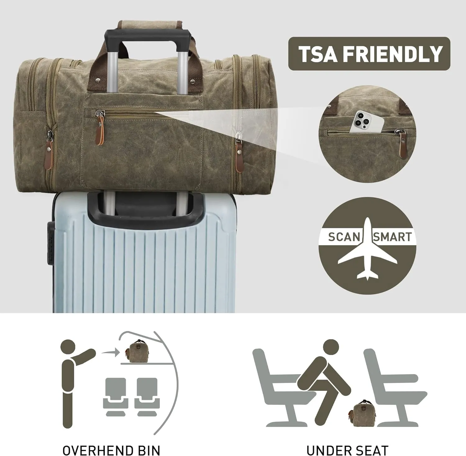 Wildroad Duffle Bag for Travel, 60L Waterproof Waxed Canvas Genuine Leather Weekender Overnight Bag Vintage Travel Hand Bag Carry on Bag